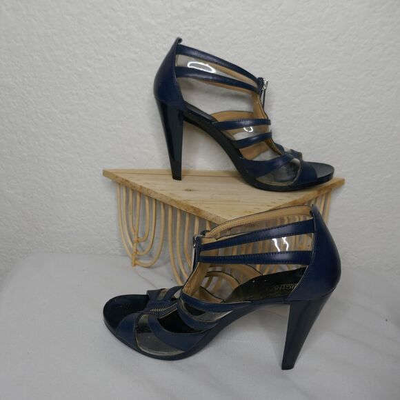 Michael Kors Navy Blue T Strap Sandal Heel Strappy Leather PVC 7M - Picture 2 of 12